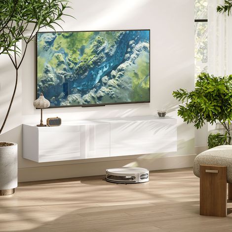 Armoire TV murale téléviseurs 45 »-55 »-65 » 2 armoires portes à rabat - Dimensions: 140x33x29,8 cm - Couleur: Blanc