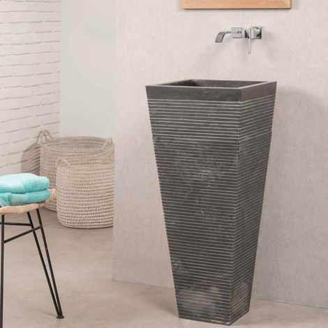 Wanda Collection – Vasque sur pied en pierre naturelle carrée noire – Dimensions 90x40cm – Percée pour évacuation – Idéale pour petits espaces (1/5)
