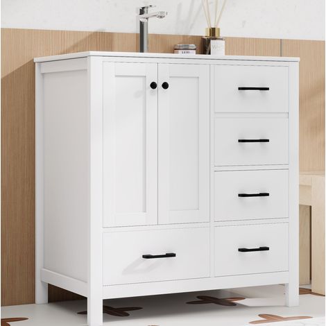 Meuble de salle de bain avec vasque 76 x 46 x 82 cm, MDF blanc, 4 tiroirs, étagères réglables HAVRYA (1/5)