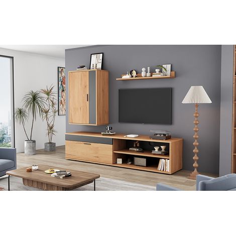 Meuble TV 140x35x39cm, ensemble complet 3 pièces pour salon moderne, incluant meuble bas TV, étagère au sol et étagère murale, en bois et noir, design contemporain, posable et mural. (1/5)