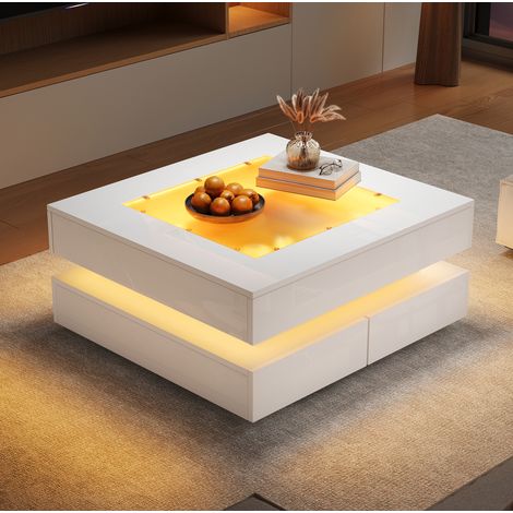 Table basse carrée 70x70x35 cm avec LED et 3 tiroirs, blanche, pour hôtel et appartement (1/5)
