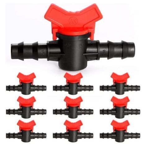 Lot de 10 vannes d'irrigation de 16 mm, robinets de jardin en plastique PE, double embout mâle cannelé, pour l'irrigation de pelouses et jardins. (1/4)
