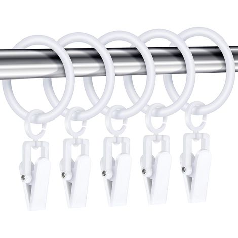 (Blanc)30 Pièces Anneaux de Rideaux avec 30 Pièces Clips de Rideau Anneaux de Clip de Tringle à Rideau de Douche en Plastique Anneau de Draperie Décorative avec Clip, 30 mm (1/5)