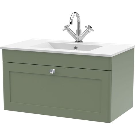 Swynnerton Traditional 1 Drawer Wall Hung Vanity Unit with Basin, Satin Green, 800mm