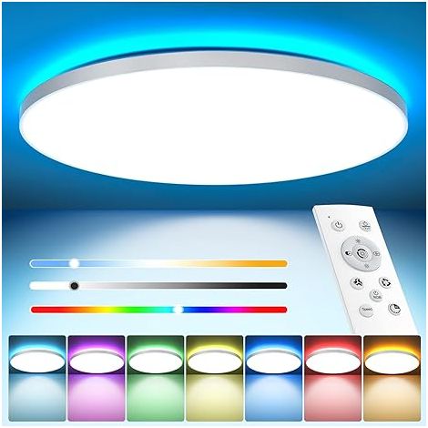 Plafonnier LED RGB 24W Dimmable Avec Télécommande, Rond Plat, 3000K-6500K, 2400lm, Pour Salon Chambre Cuisine Salle De Bain