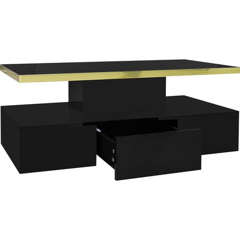 Table basse noire laquée avec tiroir et double plateau LED, 100x50x39 cm (1/5)