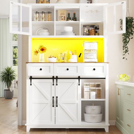 Meuble de cuisine (105 × 38,4 × 180 cm)， buffet avec étagères réglables, vaisselier avec éclairage LED, couleurs d'éclairage variables, Avec plusieurs compartiments pour un rangement facile，Blanc