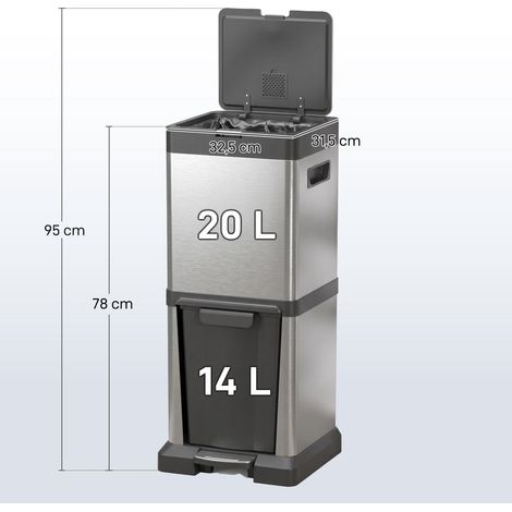 Poubelle à pédale 20+14 L avec couvercle, compartiment basculant, seaux intérieurs amovibles, acier inoxydable, 32,5 x 31,5 x 78 cm, argent (1/5)