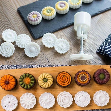 Moule à biscuits en forme de lune et de fleurs 3D, ensemble de fondant à pression, 1 cylindre + 6 accessoires à main pour la décoration de gâteaux et la pâtisserie N0Q7 (1/5)