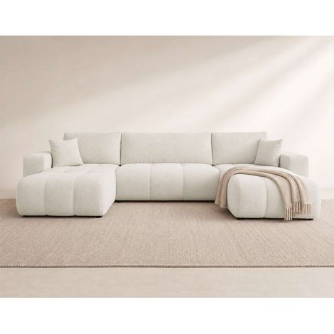Nicole - canapé panoramique en u 7 places convertible avec coffre en tissu - beige
