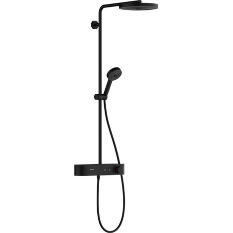 Colonne de douche avec mitigeur thermostatique, douche pluie (⌀ 260mm) avec robinet, douchette (3 jets), support, flexible de douche, barre et douche de tête ronde, Noir mat (1/5)