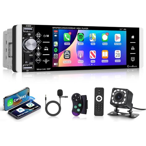Autoradio 1 Din sans Fil, écran Tactile HD 5,1 Pouces avec Bluetooth Mirror Link FM/AM/RDS/EQ/AUX/TF/U Disk Commande au Volant Caméra Recul Microphone (1/5)