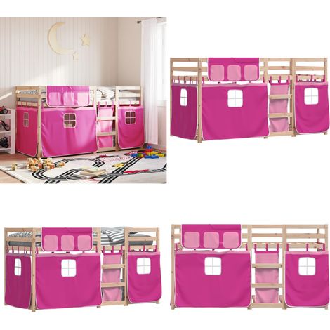 Litera con cortinas madera maciza de pino rosa 90x200 cm - Litera con cortinas - Cama para niños