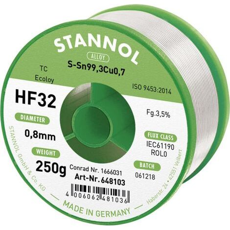 Stannol HF32 3,5% 0,8MM SN99CU0,7 CD 250G Étain à souder sans plomb sans plomb Sn99,3Cu0,7 ROL0 250 g 0.8 mm X887291 (1/3)