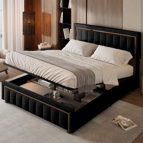 Letto contenitore 160x200 cm - letto 160x200 cm - con bordo verticale dorato - contenitore idraulico - velluto - rete a doghe - adatto per adulti e ragazzi - Nero