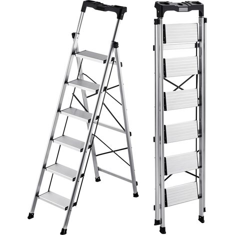 Mophorn Escabeau pliant 6 marches en aluminium, capacité 150 kg, idéal pour les tâches ménagères et le bricolage, avec marches larges antidérapantes, plateau porte-outils, finition argentée (1/5)