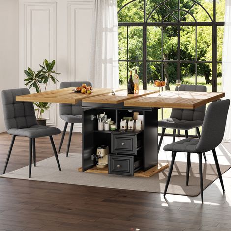 Mesa de comedor extensible (110x80x75 cm), con almacenaje, tablero deslizante, MDF y metal, color madera natural (1/5)