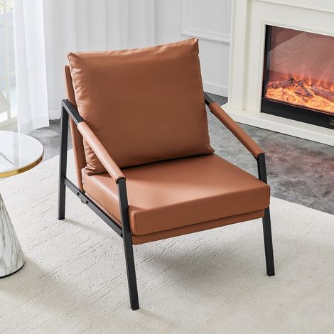 Fauteuil d’appoint moderne marron similicuir structure métallique noire 67x67x80 cm pour lecture salon bureau salle d’attente (1/5)