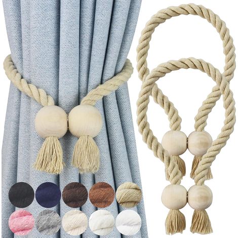 Lot de 2 Embrasses Magnétiques en Coton Tissé Main - Fixation sans Outils, 30 cm, Beige Foncé pour Rideaux Voilages (1/5)