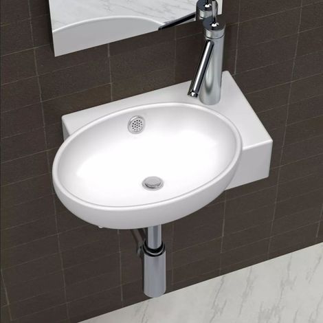 Vasque de salle de bains céramique blanc avec trou de trop-plein (1/5)