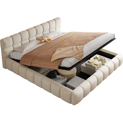 Letto Matrimoniale Contenitore 160 x 200 cm in Velluto, LED Regolabile, senza Materasso, Beige (1/5)