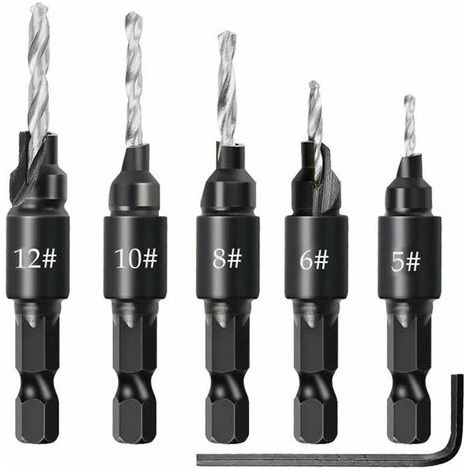 Cone Drill Bit Set 6 Pieces Hex Shank Hole Saw Drill HSS Hex Shank Drill Bits with L-Wrench Flute Cone Drill Bit Set for Auger, Plastic, Wood, Drilling (1/5)