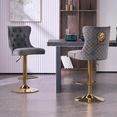 Samt Barhocker 2er Set höhenverstellbar mit Lehne und Löwenring-Zuggriff (1/5)