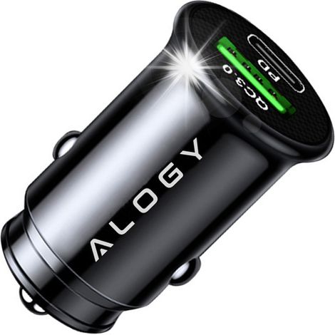 Caricabatterie da auto 38W USB QC 3.0 18W + USB-C C PD 20W veloce e potente per telefono Alogy Car, nero (1/5)
