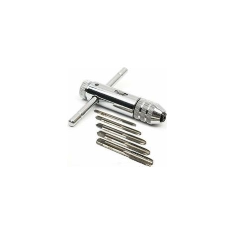 Clé à taraud en forme de T – Acier allié chromé – 5 tarauds M3-M8 – Action cliquet rapide – Pour usinage précis (1/5)
