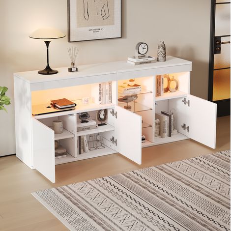 Credenza soggiorno 155,5x35x72 cm bianco in truciolare e vetro con LED, finitura lucida e 3 ante (1/5)