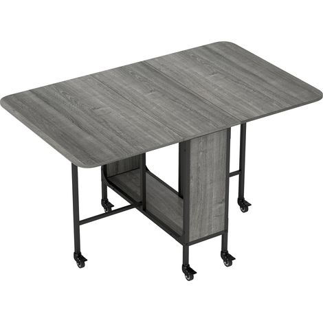 Table de cuisine extensible pliante sur roulettes, salle à manger jusqu'à 6 personnes, étagère intégrée, 6 roues, Gris (1/5)