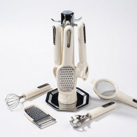 Set 7 ustensiles cuisine inox avec support blanc pour la maison (1/5)