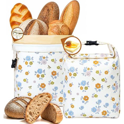 Lot de 2 (43 x 33 cm) Sacs à pain réutilisables en coton enduit de cire d'abeille pour pain maison et au levain, Motif floral blanc (1/5)