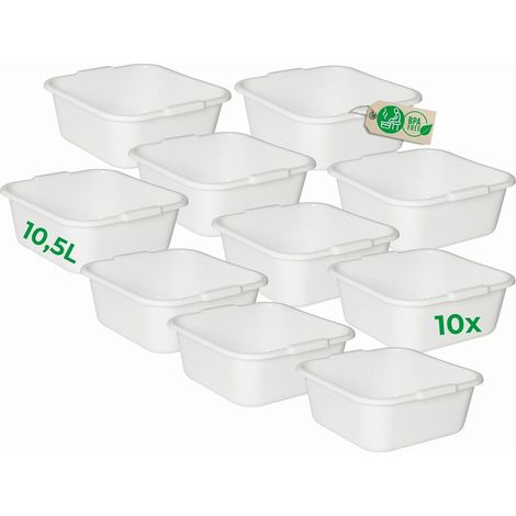 Novaliv Lot de 10 bassines à vaisselle carrées 10,5 L, 34 x 34 cm, blanches, sans BPA, compatibles lave-vaisselle, idéales pour la cuisine et le