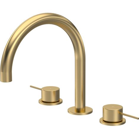 Penkhull Contemporary 3 Tap Hole Deck Mounted Bath Mixer Tap with Curved Spout and Minimalist Lever Handles, Brushed Brass (1/3)