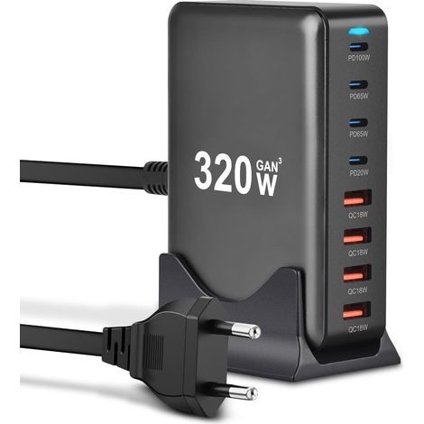 320-W-USB-C-Ladegerät, 8-Port-Multi-GaN-Wandladegerät mit 4 USB-C- und 4 USB-A-Anschlüssen, Schnellladestation-Adapter kompatibel mit MacBook Pro/Air Laptop, iPhone, iPad Pro, Galaxy, SteamDeck (N (1/5)