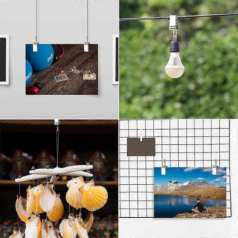Lot de 100 pinces à rideaux en acier inoxydable, crochets de suspension pour guirlandes lumineuses extérieures, support de câbles. (1/4)