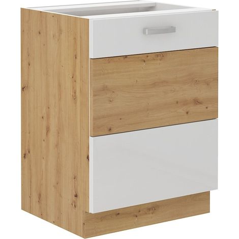 Unterschrank 60 cm Eiche Artisan + Weiß Hochglanz Küchenzeile Küchenblock Küche (1/4)