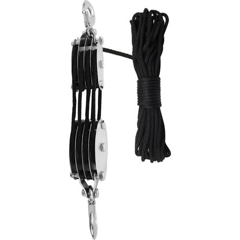 Système de poulies avec palan, poulie à roue en acier avec roulement pour camping, chasse, navigation de plaisance et levage (bricolage), 4 roues, 20 m, corde noire, forme crochet (1/5)
