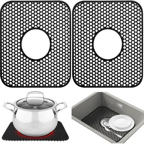 Tapis de protection en silicone pour évier de cuisine, lot de 2, 34,5 cm x 29,5 cm, antidérapants et durables, avec bonde centrale (gris foncé) (1/5)