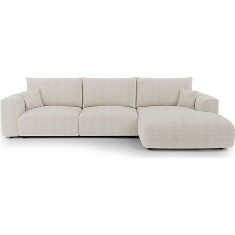 Canapé d'angle droit convertible avec coffre 5 places en tissu tramé toucher doux crème COMO (1/5)
