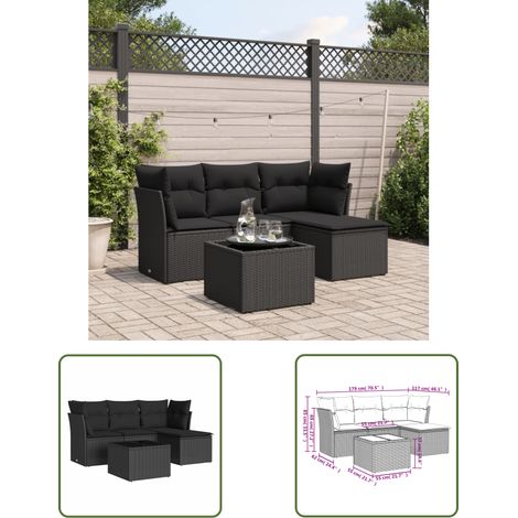 The Living Store Salon de jardin 5 pcs avec coussins noir résine tressée - Ensemble Salon De Jardin - Mobilier De Jardin - Canapé Jardin - Set Salon Exterieur - Chaise Lounge (1/3)