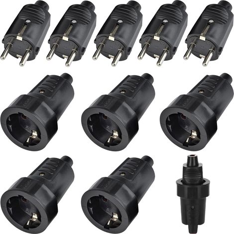 5 Paires de Kit Fiche Mâle + Prise Femelle: 250V 16A IP44 Prise Etanche, 2-pôles Fiche Schuko Et Raccord En Caoutchouc sans Câble Pour l'Extérieur (noir) (1/5)