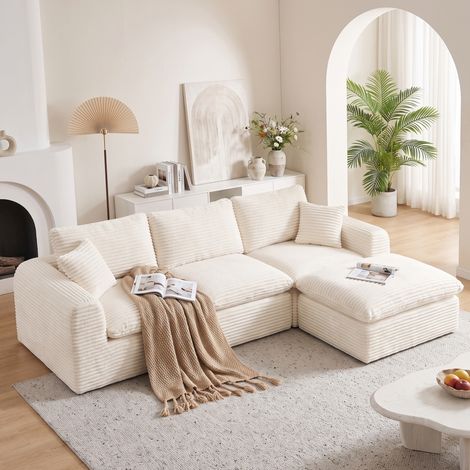 Divano modulare 3 in 1, componibile in L o lineare, letto temporaneo, tessuto a coste beige (1/5)