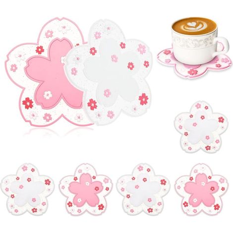 Silikon-Untersetzer für Getränke, 6er-Pack niedliche rutschfeste, waschbare Untersetzer (rosa-weißes Sakura-Muster) (1/4)