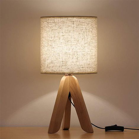 LAN Nachttischlampe – 1er-Set, Tischlampe aus Holz, Leinenbezug, E27-Fassung, Vintage-Dreibein, für Schlafzimmer, Wohnzimmer, Hotel, Café, Geschenk für Kinder/Erwachsene, 34 x 18 x 18 cm, Leuchtmittel (1/5)