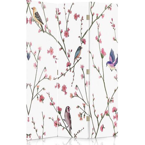 Paravent Décoratif Oiseaux et Fleurs pour Intérieur Cozy - 110 x 180 cm - 1 face déco, 1 face noir