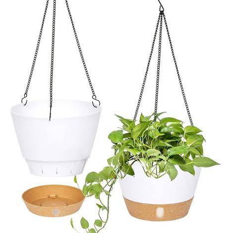 Lot de 2(Blanc) jardinières suspendues, 25.4 cm de diamètre pour l'intérieur et l'extérieur, Pot de Fleurs Suspendu avec Trou de Drainage et 3 Crochets pour Le Jardin et la Maison (1/5)