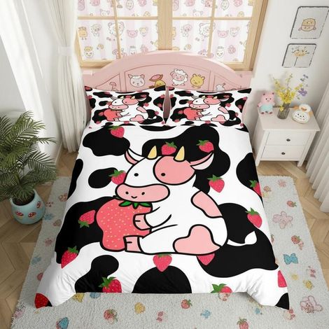 Bettbezug-Set 200x200 cm mit Kuh & Erdbeeren, kawaii Stil, Mikrofaser