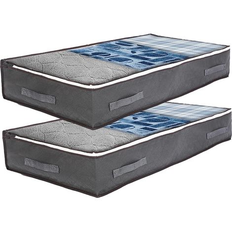 2 pièces Boîte de Rangement Sous lit 90L - Commode Sous-lit Pliable avec Couvercle - Sac de Rangement pour Vêtements et Couettes - (Gris) (1/5)